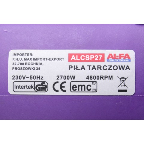 Пила дискова ALFA ALCSP27 2700 Вт. з кріпленням до столу