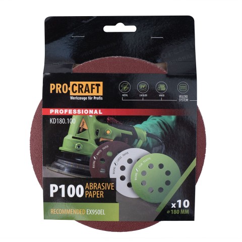 Круг шлифовальный самозацепной Procraft KD180.100 UNIVERSAL (набор 10 шт.) 8 отв.