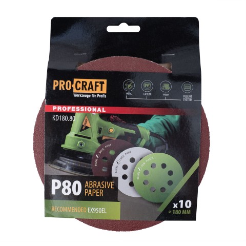 Круг шлифовальный самозацепной Procraft KD180.80 UNIVERSAL (набор 10 шт.) 8 отв.