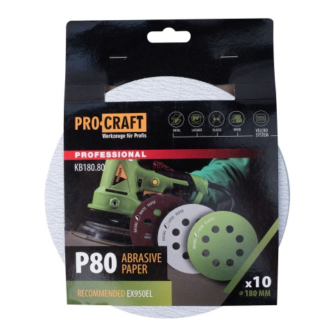 Круг шлифовальный самозацепной Procraft KB180.80 UNIVERSAL (набор 10 шт.) 8 отв.